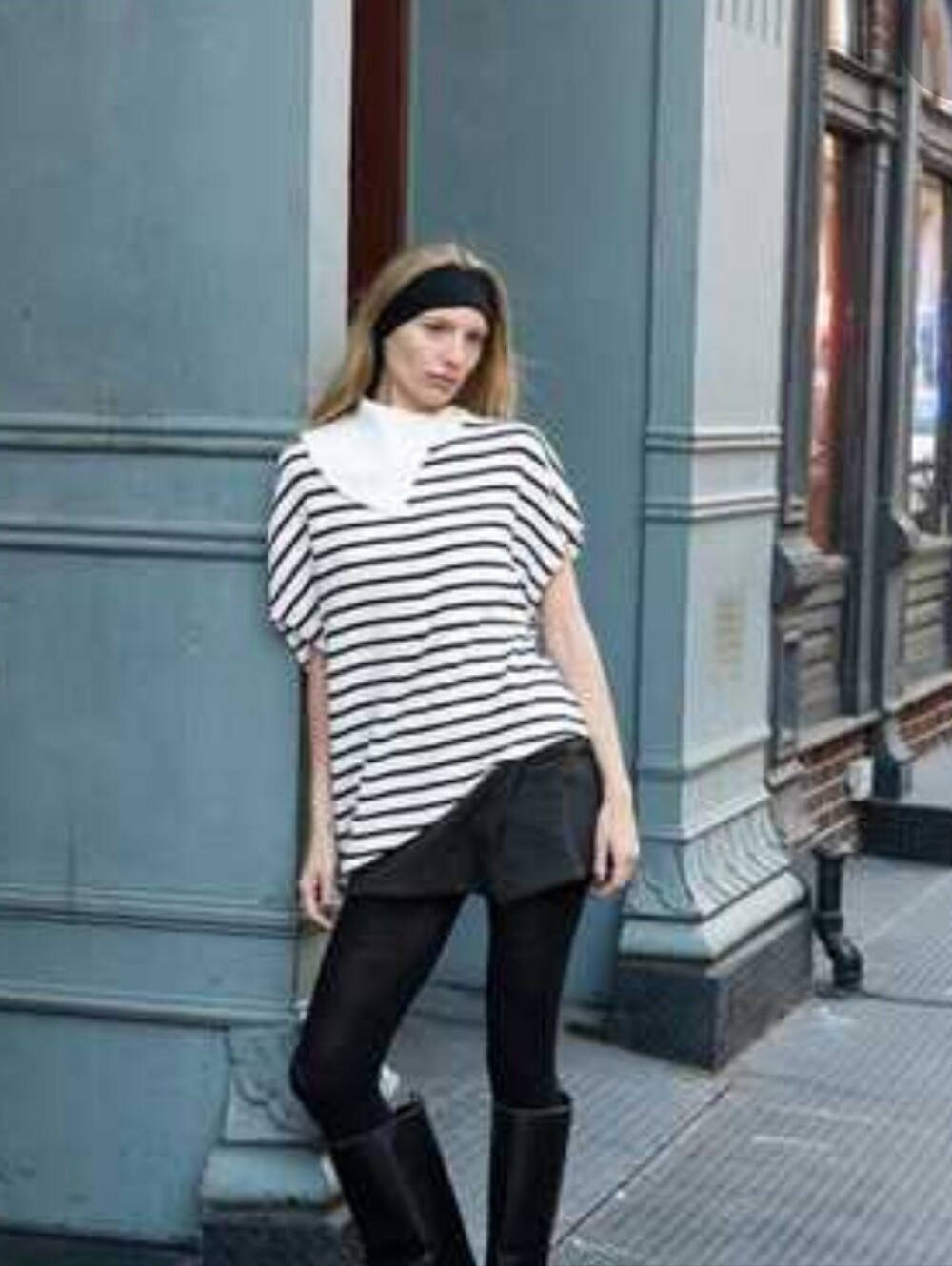 Zara Black and White Striped Knit Oversized Foldover Collar Sweater